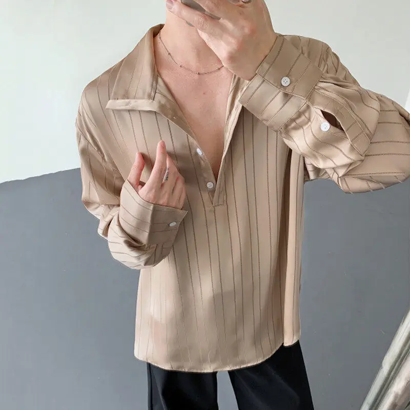 IEFB Men's Clothing Striped Shirt Elegant Glossy Lazy Style Soft Lapel Single Breasted Male Long Sleeve Shirt male top 9W3683