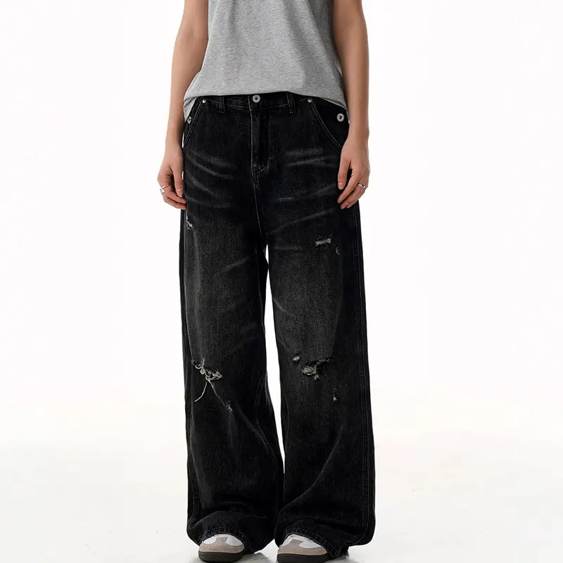 IEFB Retro Male Denim Pants Hole Niche Design American Cat Whisker Jeans Black Straight Trousers Summer Men Clothing 9W2996