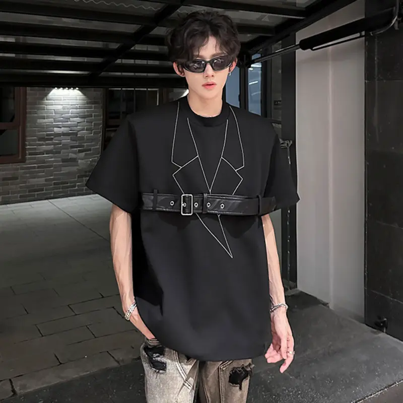 IEFB Niche Design Men's Tees Deconstruction Belt Design Short Sleeved Round Neck Shoulder Padded Loose Male T-shirts Chic 9W3409