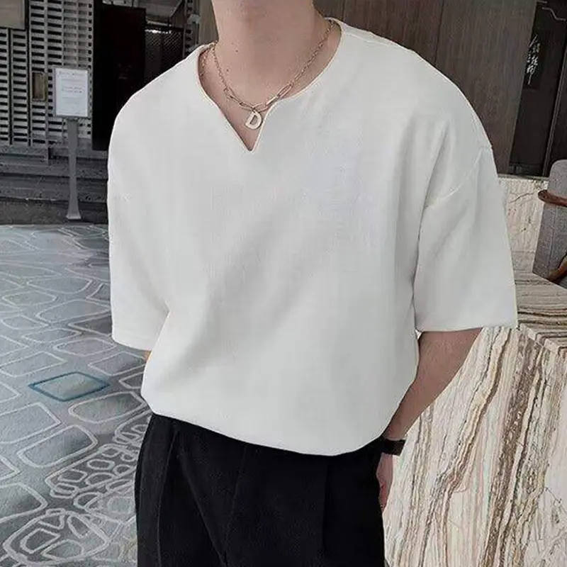 IEFB Simple Men's T-shirts V-neck Casual Solid Color Short Sleeved New Summer Tops Loose Pullover Male Tees Korean Style 9W2838