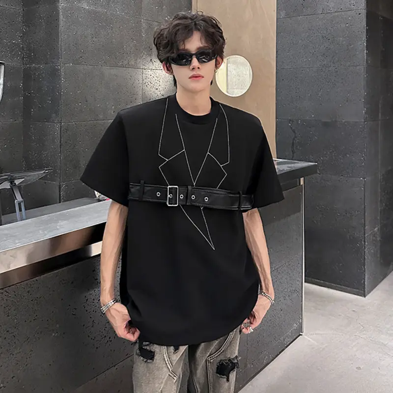 IEFB Niche Design Men's Tees Deconstruction Belt Design Short Sleeved Round Neck Shoulder Padded Loose Male T-shirts Chic 9W3409