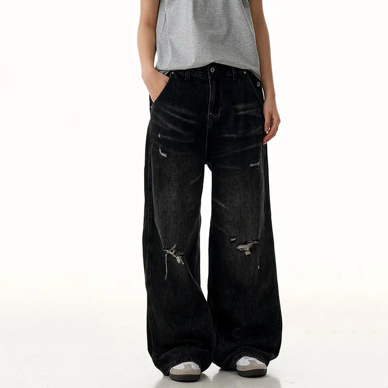 IEFB Retro Male Denim Pants Hole Niche Design American Cat Whisker Jeans Black Straight Trousers Summer Men Clothing 9W2996