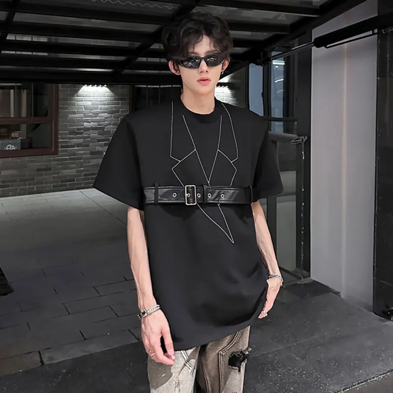 IEFB Niche Design Men's Tees Deconstruction Belt Design Short Sleeved Round Neck Shoulder Padded Loose Male T-shirts Chic 9W3409