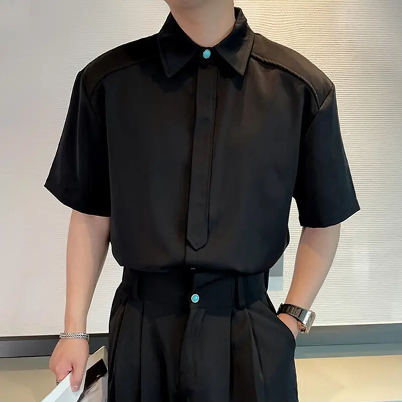 IEFB Niche Design Men's Shirts Turn-down Collar Solid Color Chic Button Short Sleeve Casual Single Breasted Male Tees New 9W3050