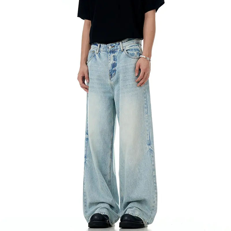 IEFB Wahsed Male Jeans Floor Length Menwear New Trendy American Light Blue Male Denim Pants Straight Leg Baggy Summer 9W3001