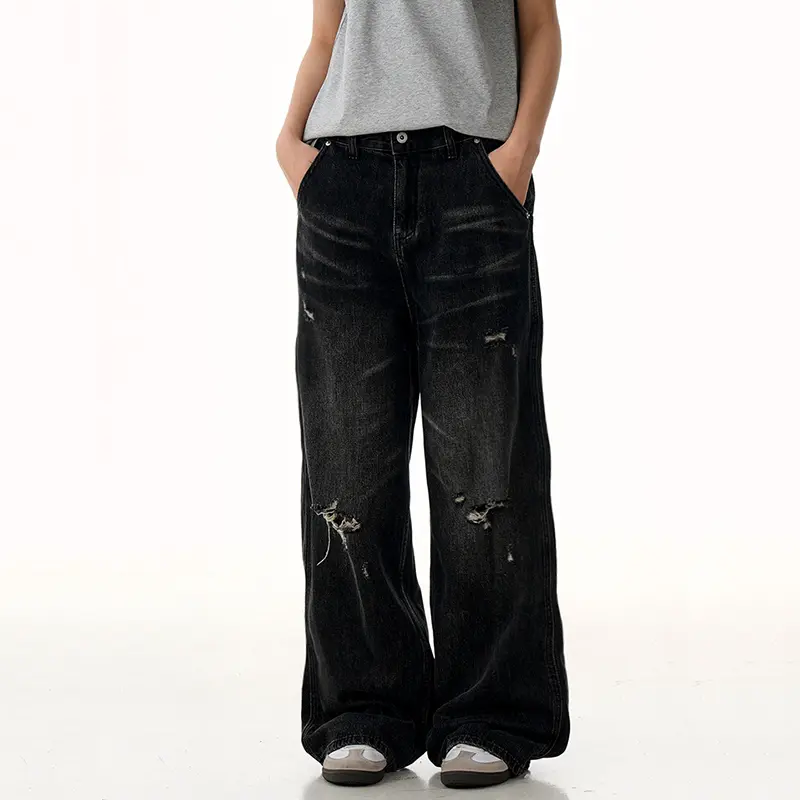IEFB Retro Male Denim Pants Hole Niche Design American Cat Whisker Jeans Black Straight Trousers Summer Men Clothing 9W2996