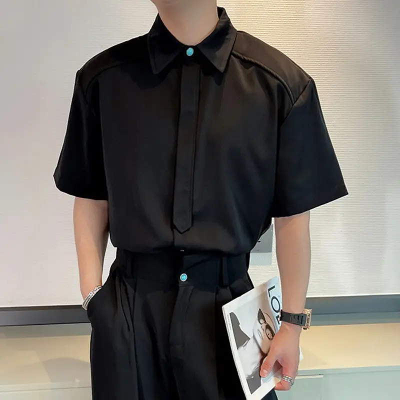 IEFB Niche Design Men's Shirts Turn-down Collar Solid Color Chic Button Short Sleeve Casual Single Breasted Male Tees New 9W3050