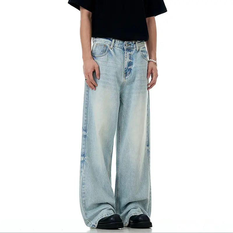 IEFB Wahsed Male Jeans Floor Length Menwear New Trendy American Light Blue Male Denim Pants Straight Leg Baggy Summer 9W3001