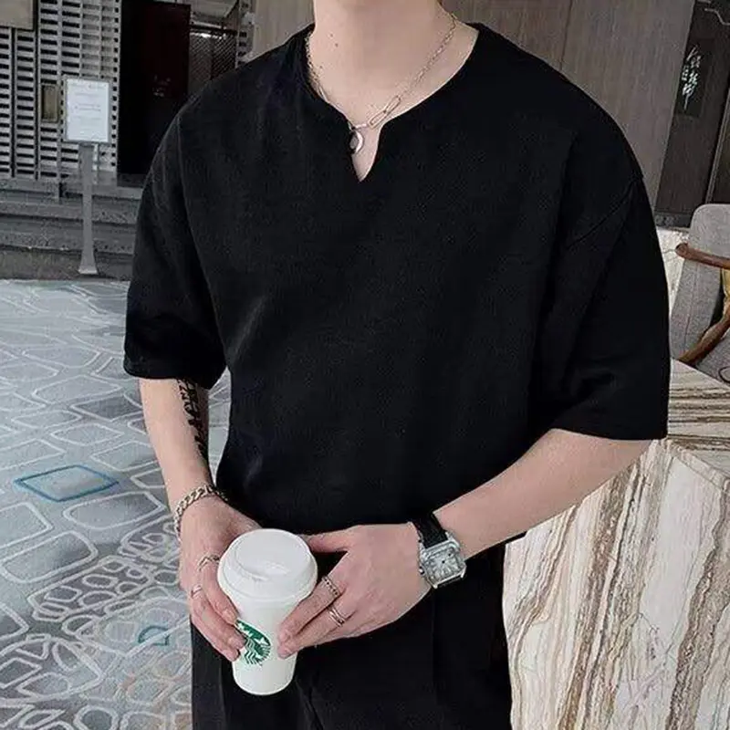 IEFB Simple Men's T-shirts V-neck Casual Solid Color Short Sleeved New Summer Tops Loose Pullover Male Tees Korean Style 9W2838