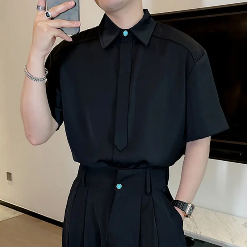 IEFB Niche Design Men's Shirts Turn-down Collar Solid Color Chic Button Short Sleeve Casual Single Breasted Male Tees New 9W3050