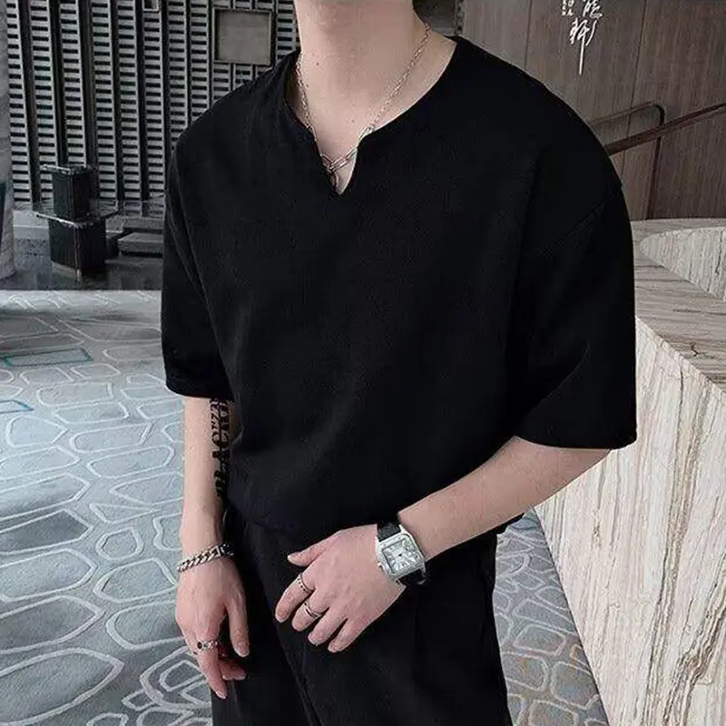 IEFB Simple Men's T-shirts V-neck Casual Solid Color Short Sleeved New Summer Tops Loose Pullover Male Tees Korean Style 9W2838