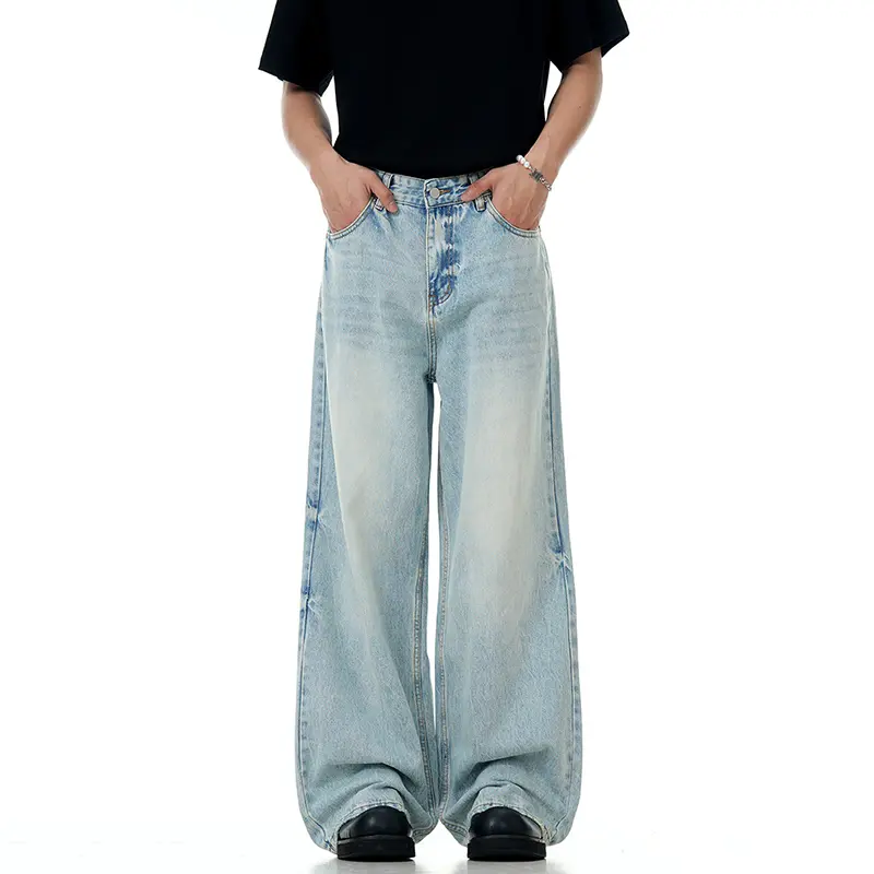 IEFB Wahsed Male Jeans Floor Length Menwear New Trendy American Light Blue Male Denim Pants Straight Leg Baggy Summer 9W3001