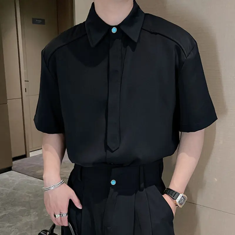IEFB Niche Design Men's Shirts Turn-down Collar Solid Color Chic Button Short Sleeve Casual Single Breasted Male Tees New 9W3050