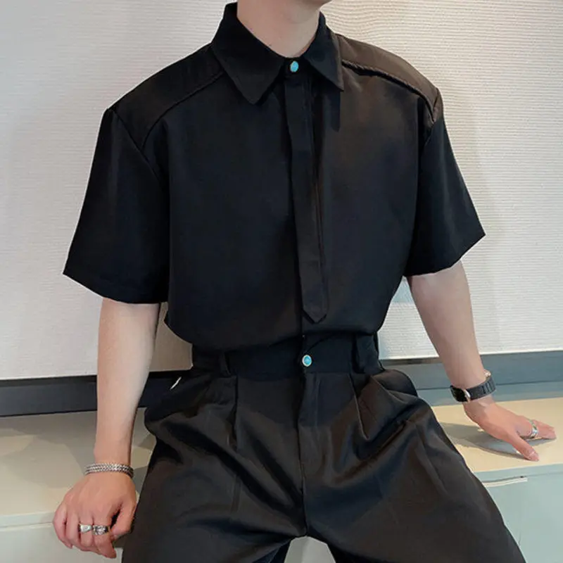IEFB Niche Design Men's Shirts Turn-down Collar Solid Color Chic Button Short Sleeve Casual Single Breasted Male Tees New 9W3050