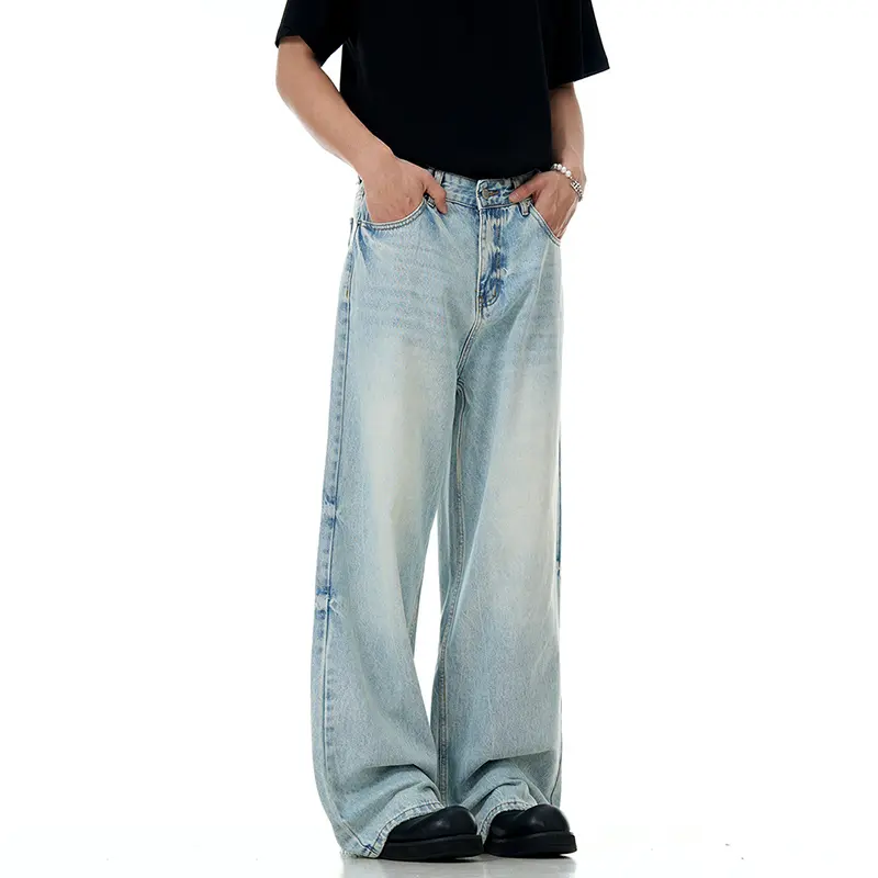 IEFB Wahsed Male Jeans Floor Length Menwear New Trendy American Light Blue Male Denim Pants Straight Leg Baggy Summer 9W3001