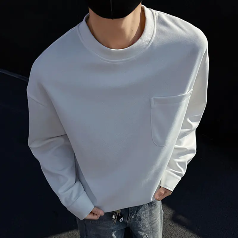 IEFB Loose Fit Casual Men T-shirt Long Sleeve Round Neck Pullover T-shirt Pocket Design Autumn Male Top New Stylish 9W4051