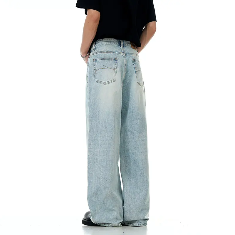 IEFB Wahsed Male Jeans Floor Length Menwear New Trendy American Light Blue Male Denim Pants Straight Leg Baggy Summer 9W3001