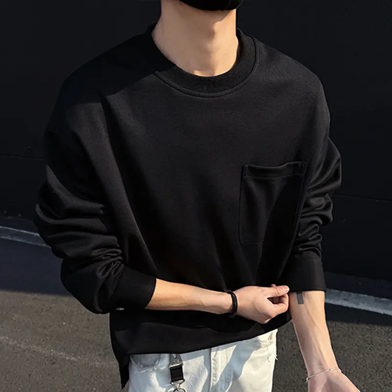 IEFB Loose Fit Casual Men T-shirt Long Sleeve Round Neck Pullover T-shirt Pocket Design Autumn Male Top New Stylish 9W4051