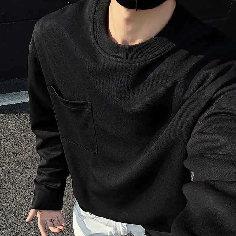 IEFB Loose Fit Casual Men T-shirt Long Sleeve Round Neck Pullover T-shirt Pocket Design Autumn Male Top New Stylish 9W4051
