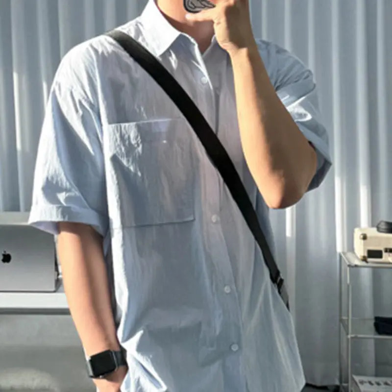 IEFB Male Shirts Lapel Pocket Design Solid Color Korean Style Summer Short Sleeved Single Breasted Loose Men Tops Simple 9W3112