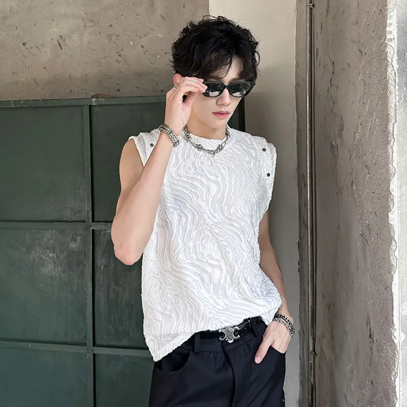 IEFB New Trendy Metal Decoration Sleeveless Men's T-shirt High Street Irregular Striped Pattern Male Texture Vest Summer 9W3733