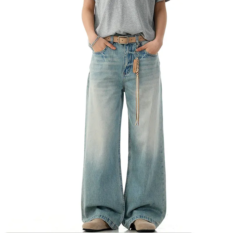 IEFB American Style Men's Denim Jeans Washing Casual Gradient Color Straight Trousers Wide Leg Loose Male Jeans Summer 9W2811
