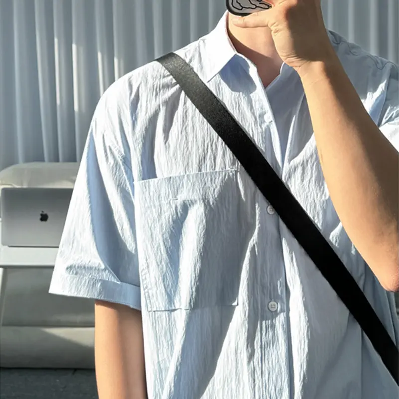 IEFB Male Shirts Lapel Pocket Design Solid Color Korean Style Summer Short Sleeved Single Breasted Loose Men Tops Simple 9W3112