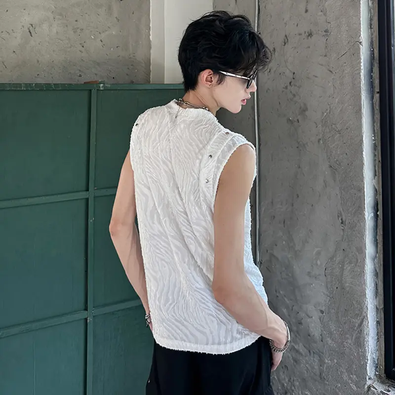 IEFB New Trendy Metal Decoration Sleeveless Men's T-shirt High Street Irregular Striped Pattern Male Texture Vest Summer 9W3733