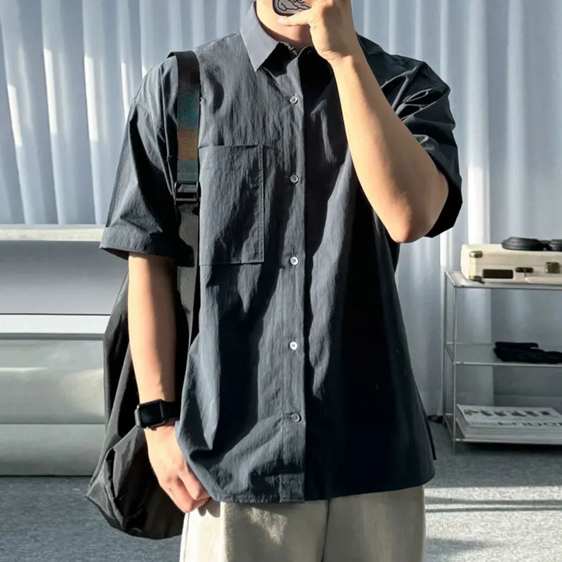 IEFB Male Shirts Lapel Pocket Design Solid Color Korean Style Summer Short Sleeved Single Breasted Loose Men Tops Simple 9W3112