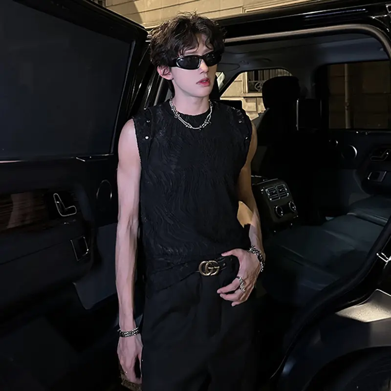 IEFB New Trendy Metal Decoration Sleeveless Men's T-shirt High Street Irregular Striped Pattern Male Texture Vest Summer 9W3733