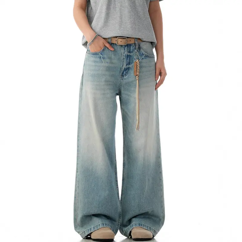 IEFB American Style Men's Denim Jeans Washing Casual Gradient Color Straight Trousers Wide Leg Loose Male Jeans Summer 9W2811