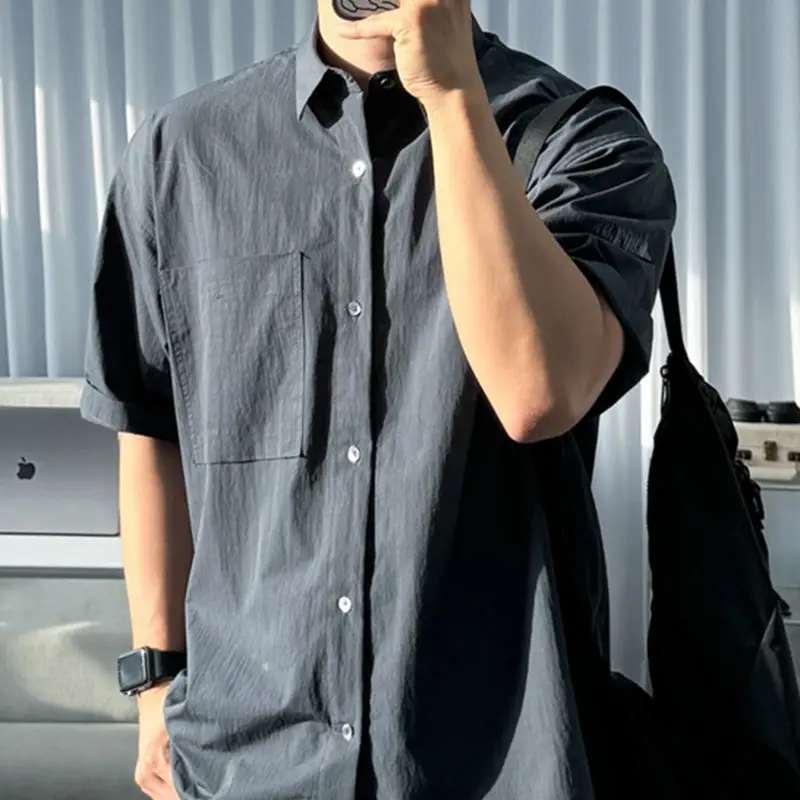 IEFB Male Shirts Lapel Pocket Design Solid Color Korean Style Summer Short Sleeved Single Breasted Loose Men Tops Simple 9W3112