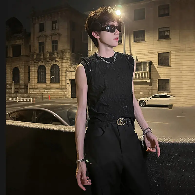 IEFB New Trendy Metal Decoration Sleeveless Men's T-shirt High Street Irregular Striped Pattern Male Texture Vest Summer 9W3733