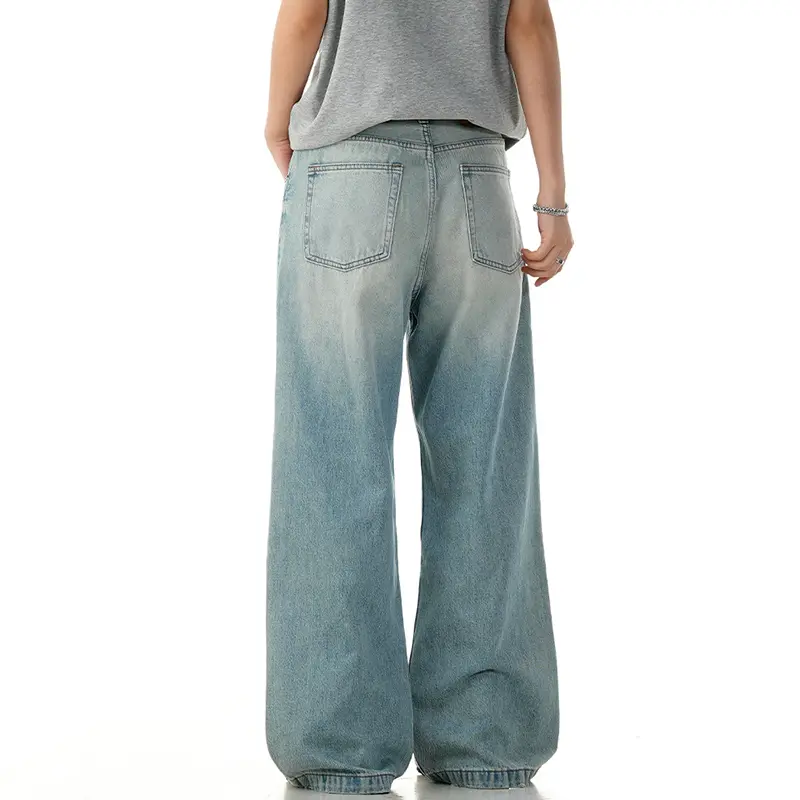IEFB American Style Men's Denim Jeans Washing Casual Gradient Color Straight Trousers Wide Leg Loose Male Jeans Summer 9W2811