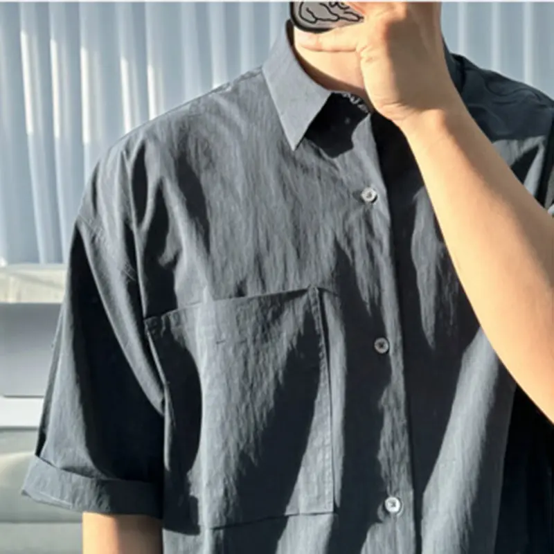 IEFB Male Shirts Lapel Pocket Design Solid Color Korean Style Summer Short Sleeved Single Breasted Loose Men Tops Simple 9W3112
