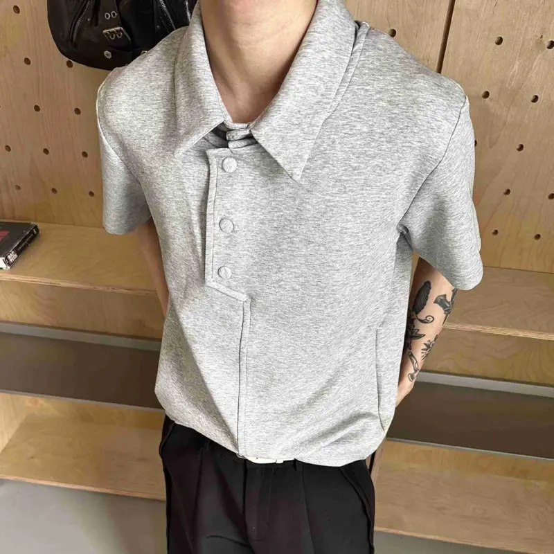IEFB Korean Style Men's T-shirt Turn-down Collar Solid Color Button Design Casual Tees Short Sleeved Male Silhouette Tops 9W3217