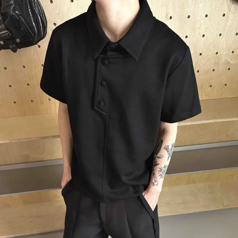 IEFB Korean Style Men's T-shirt Turn-down Collar Solid Color Button Design Casual Tees Short Sleeved Male Silhouette Tops 9W3217