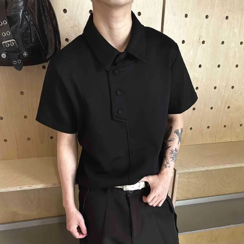 IEFB Korean Style Men's T-shirt Turn-down Collar Solid Color Button Design Casual Tees Short Sleeved Male Silhouette Tops 9W3217