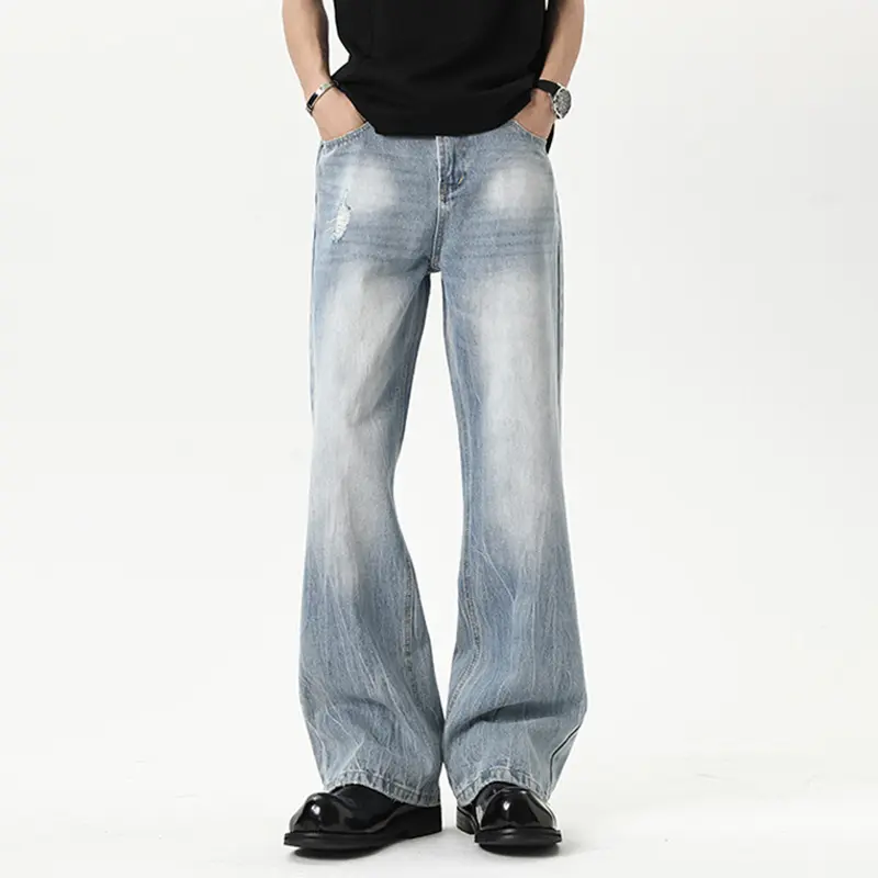 IEFB Korean Style Men's Casual Denim Pants Washing Holes Design Contrast Color Loose Wide Leg Cleanfit Male Jeans Summer 9W3477