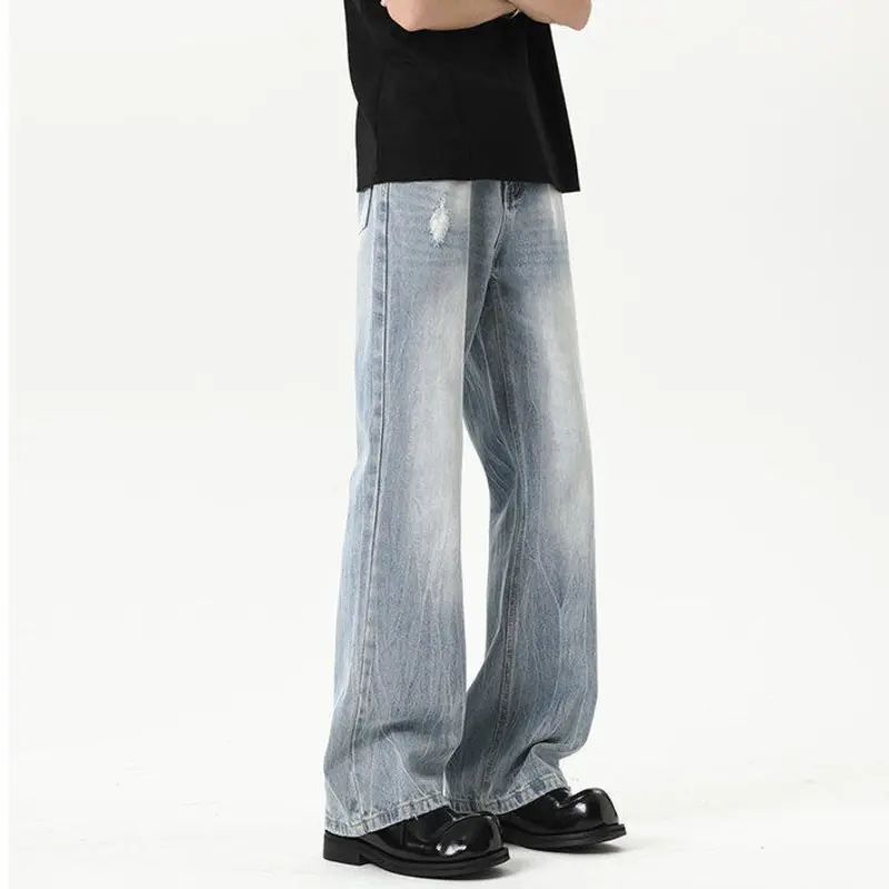 IEFB Korean Style Men's Casual Denim Pants Washing Holes Design Contrast Color Loose Wide Leg Cleanfit Male Jeans Summer 9W3477