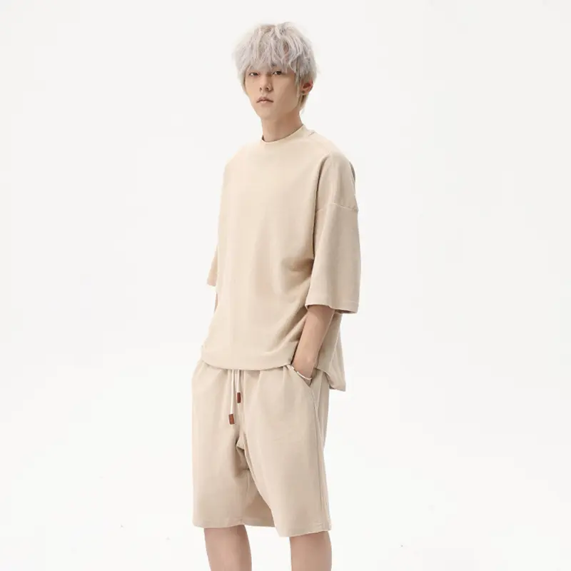 IEFB Simple Men's Two-piece Solid Color O-neck Short Sleeved Casual T-shirts Elastic Waist Drawstring Wide Leg Male Pants 9W2465