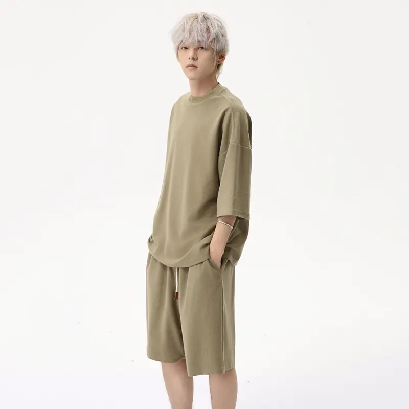 IEFB Simple Men's Two-piece Solid Color O-neck Short Sleeved Casual T-shirts Elastic Waist Drawstring Wide Leg Male Pants 9W2465