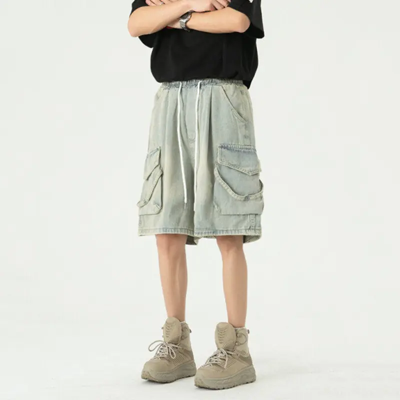 IEFB Washing Men's Denim Shorts Large Pockets Solid Color Drawstring Casual Menswear Elastic Waist Cleanfit Male Jeans 9W3792