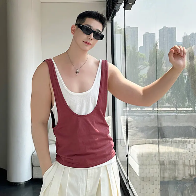 IEFB Korean New Chic Men's Vest Personality Contrasting Color Layering Versatile Sleeveless Vest Two-piece Set Summer 9W2703