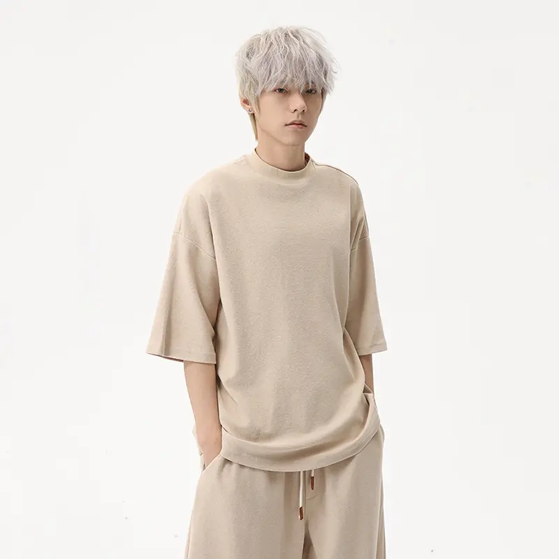 IEFB Simple Men's Two-piece Solid Color O-neck Short Sleeved Casual T-shirts Elastic Waist Drawstring Wide Leg Male Pants 9W2465