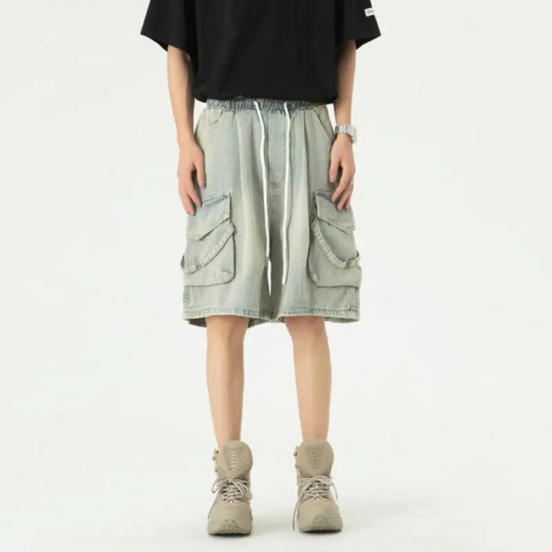 IEFB Washing Men's Denim Shorts Large Pockets Solid Color Drawstring Casual Menswear Elastic Waist Cleanfit Male Jeans 9W3792