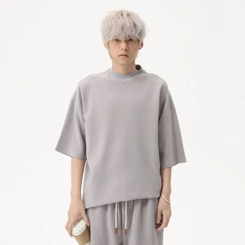IEFB Simple Men's Two-piece Solid Color O-neck Short Sleeved Casual T-shirts Elastic Waist Drawstring Wide Leg Male Pants 9W2465