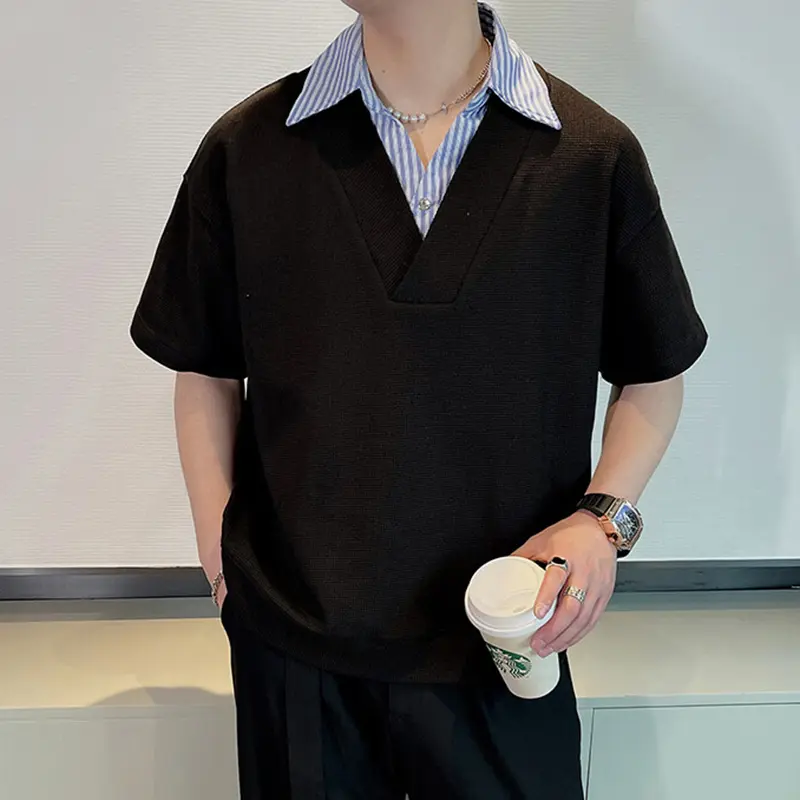 IEFB Men's Short Sleeve T-shirts New Summer Korean Casual Turn-down Collar Splicing Fake Two-piece Design Male Top 9W1676