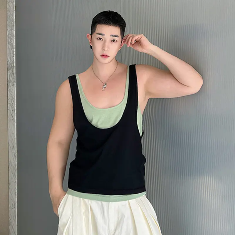 IEFB Korean New Chic Men's Vest Personality Contrasting Color Layering Versatile Sleeveless Vest Two-piece Set Summer 9W2703