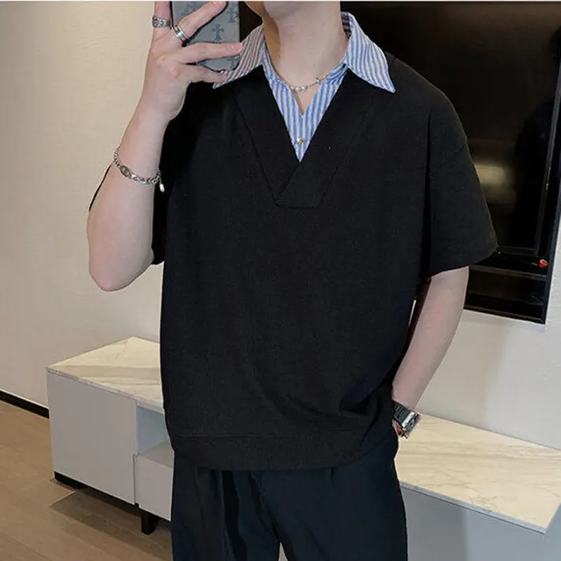 IEFB Men's Short Sleeve T-shirts New Summer Korean Casual Turn-down Collar Splicing Fake Two-piece Design Male Top 9W1676